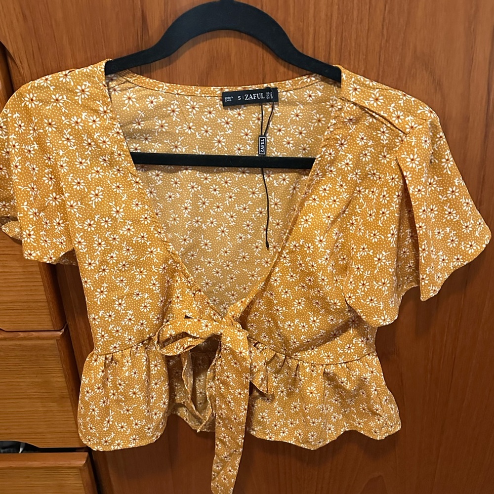 Zaful Mustard Floral Tie-Front Blouse